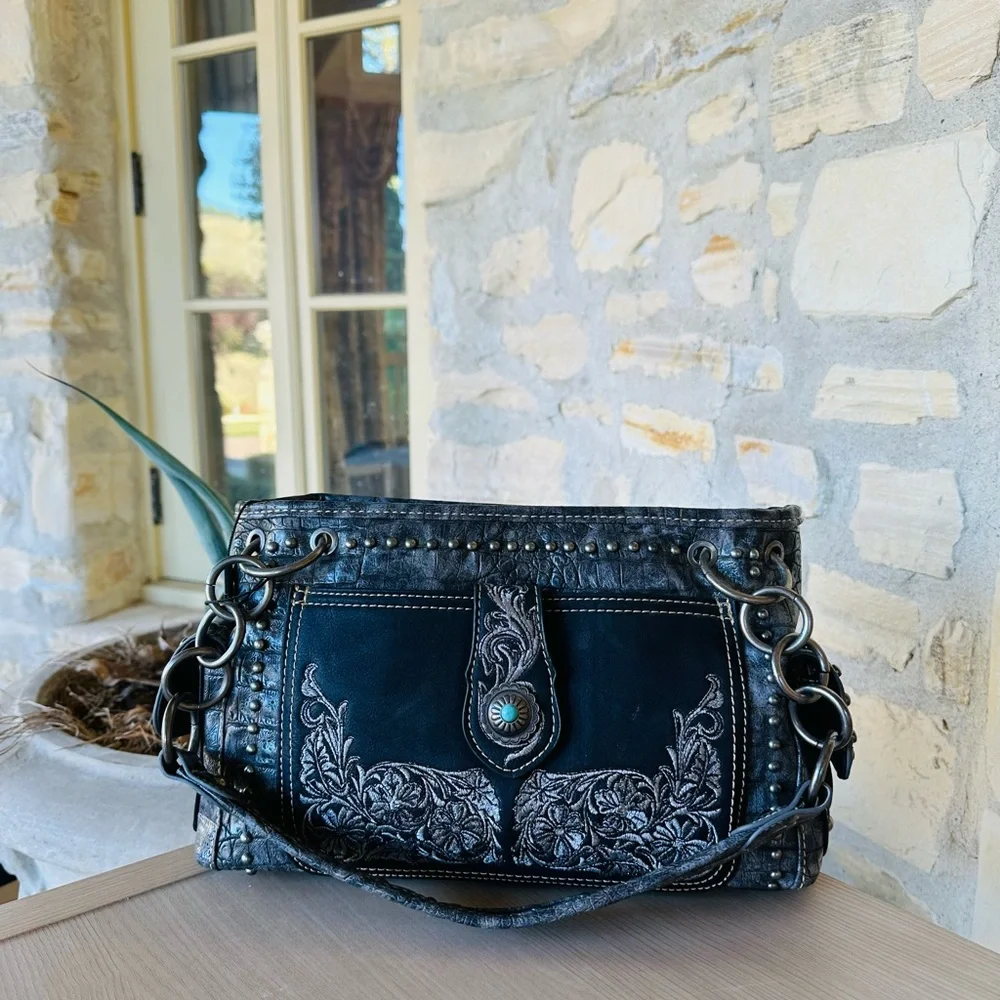 Montana west embroidery buckle black shoulder bag&wallet NWT_5
